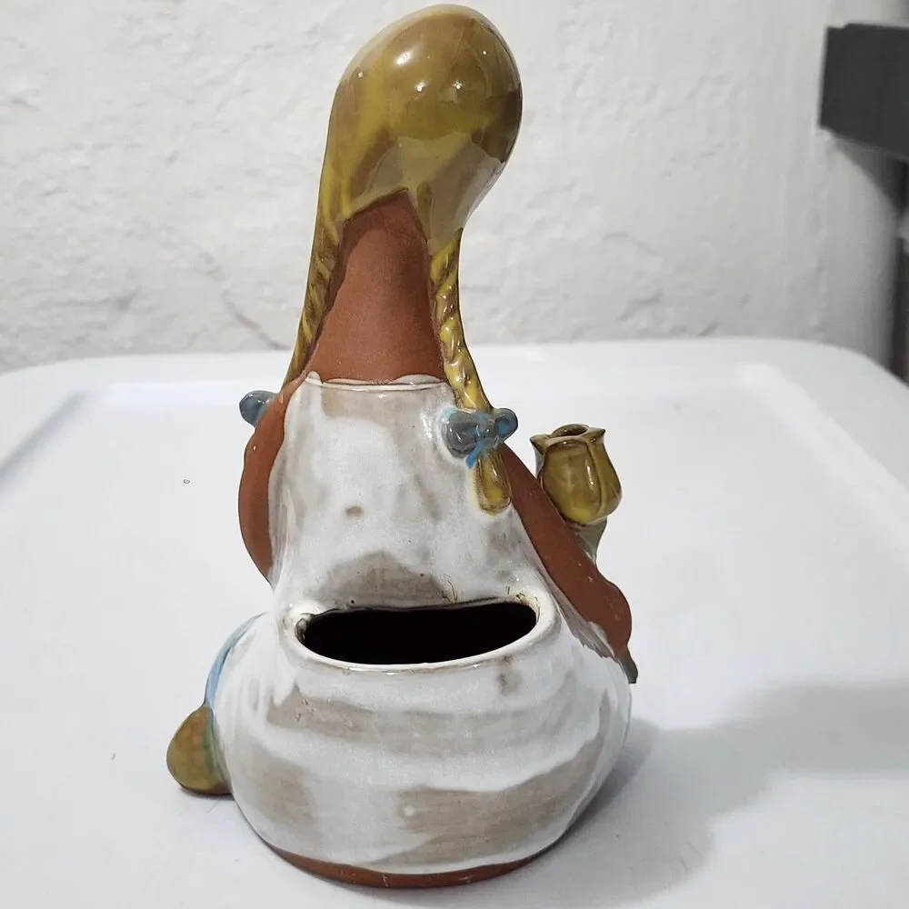 VTG MCM Art Pottery Stoneware Whistling Girl Head Vase Planter Clay Japan Style